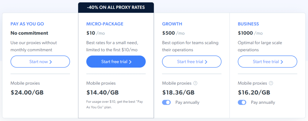 bright data mobile proxy pricing table